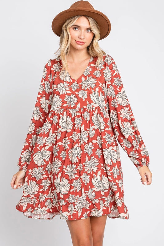 Rust Floral V-Neck Long Sleeve Dress PinkBlush