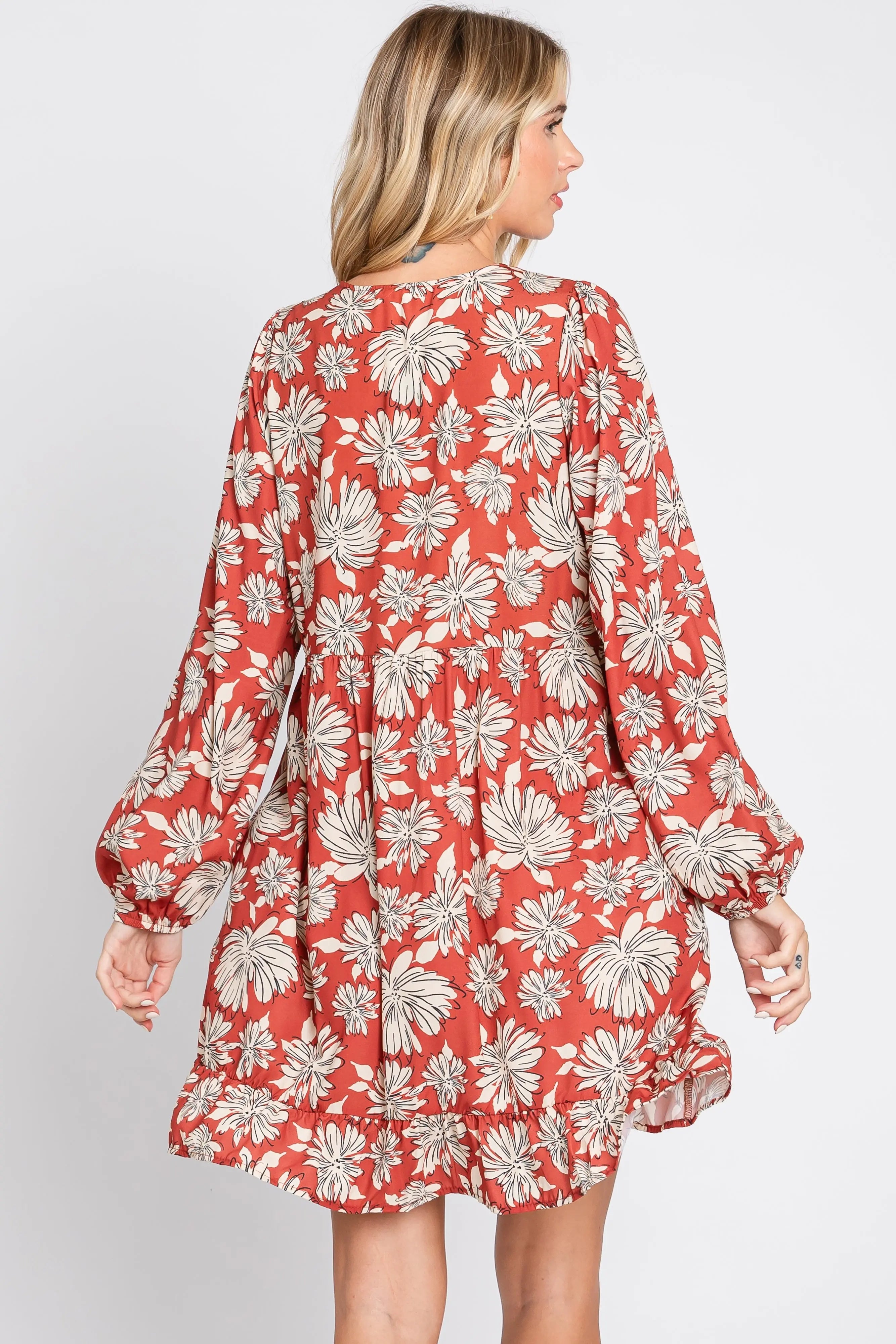 Rust Floral V-Neck Long Sleeve Dress PinkBlush