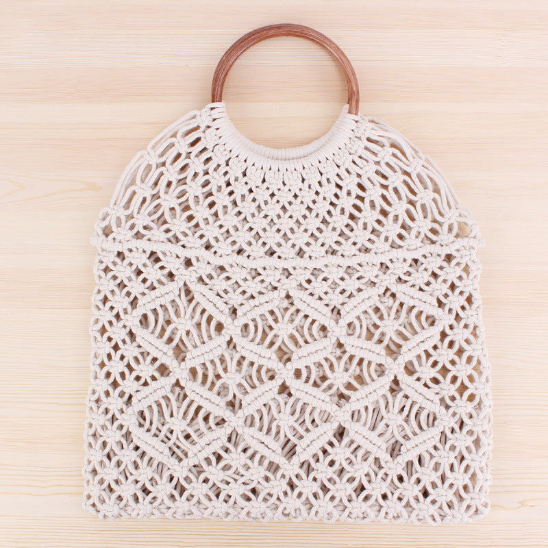 Solid Color Woven Tote Trendy Women Mori Straw Bag Degrees Handmade Cotton String Net Pocket Beach Bag Bella Mia