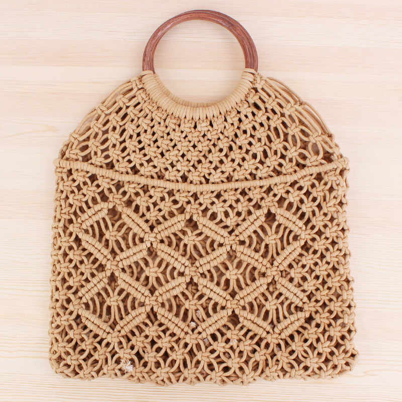 Solid Color Woven Tote Trendy Women Mori Straw Bag Degrees Handmade Cotton String Net Pocket Beach Bag Bella Mia
