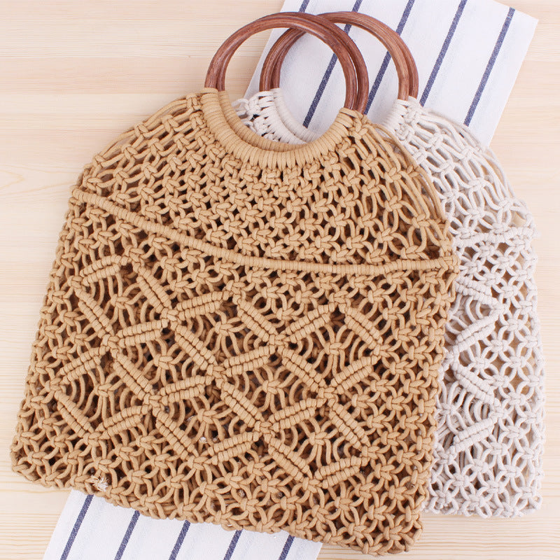 Solid Color Woven Tote Trendy Women Mori Straw Bag Degrees Handmade Cotton String Net Pocket Beach Bag Bella Mia