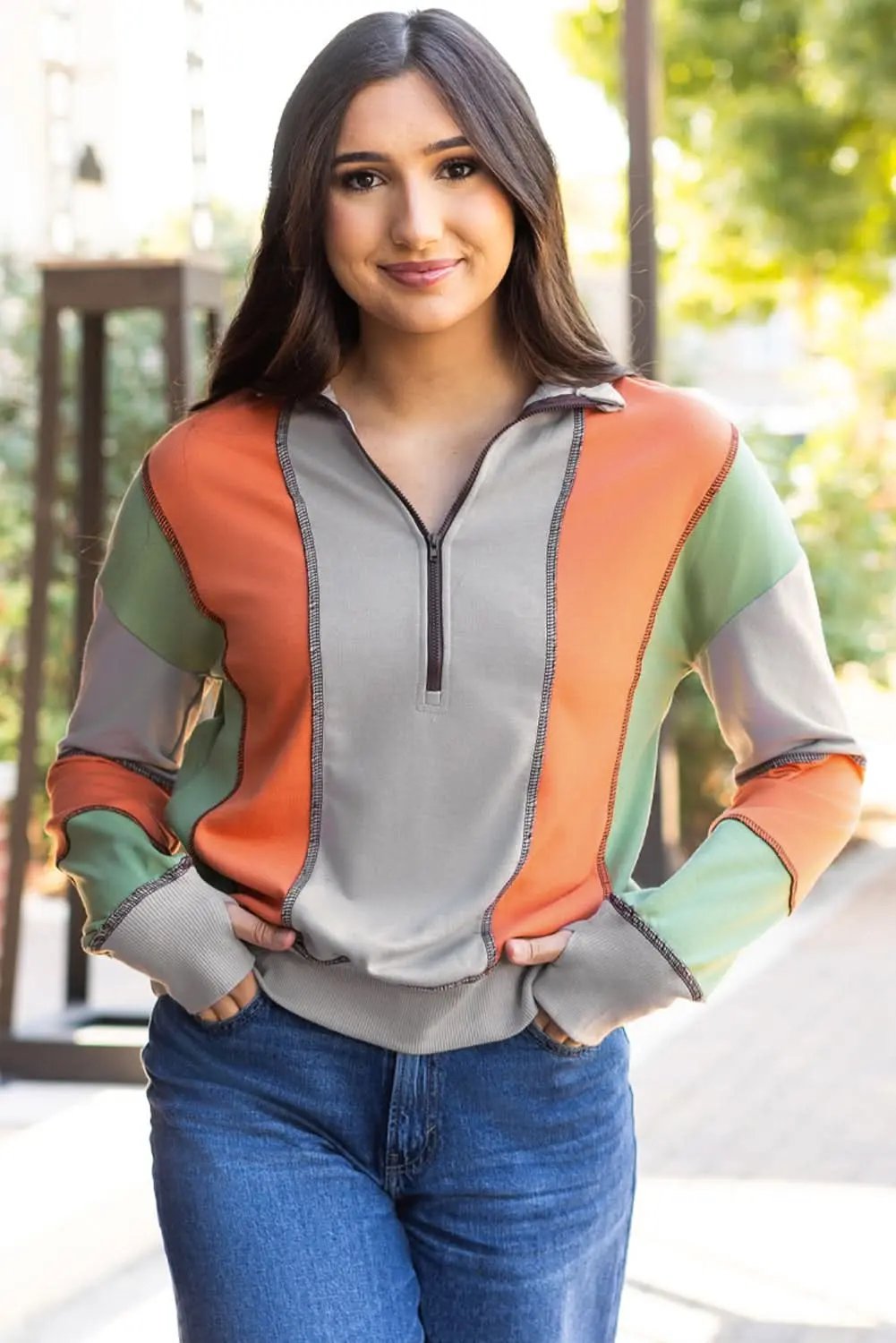 Light Grey Color Block Stitching Detail Half Zipper Sweatshirt - Love Salve 