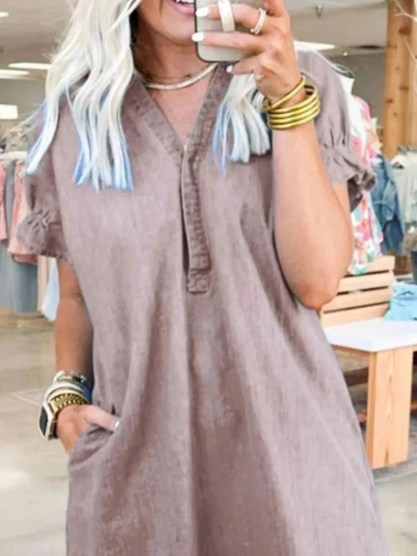 Full Size V-Neck Short Sleeve Denim Dress Plus Size Coco’s Tee Boutique