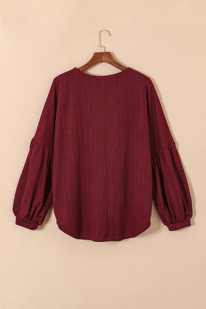 Chic red dahlia plus size textured knit top with playful balloon sleeves