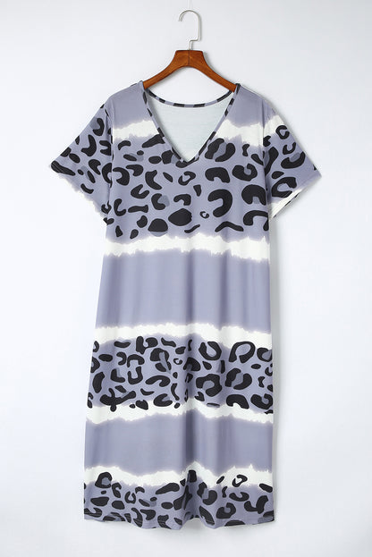 Chic leopard color block v-neck midi dress for plus sizes