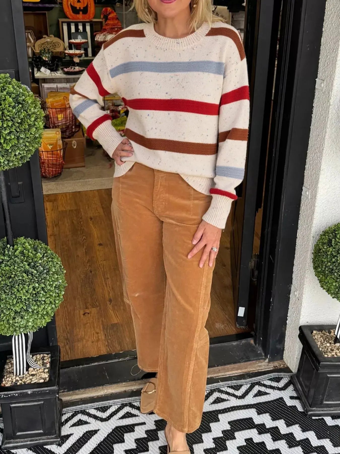 Striped Crew Neck Long Sleeve Sweater Simply Love