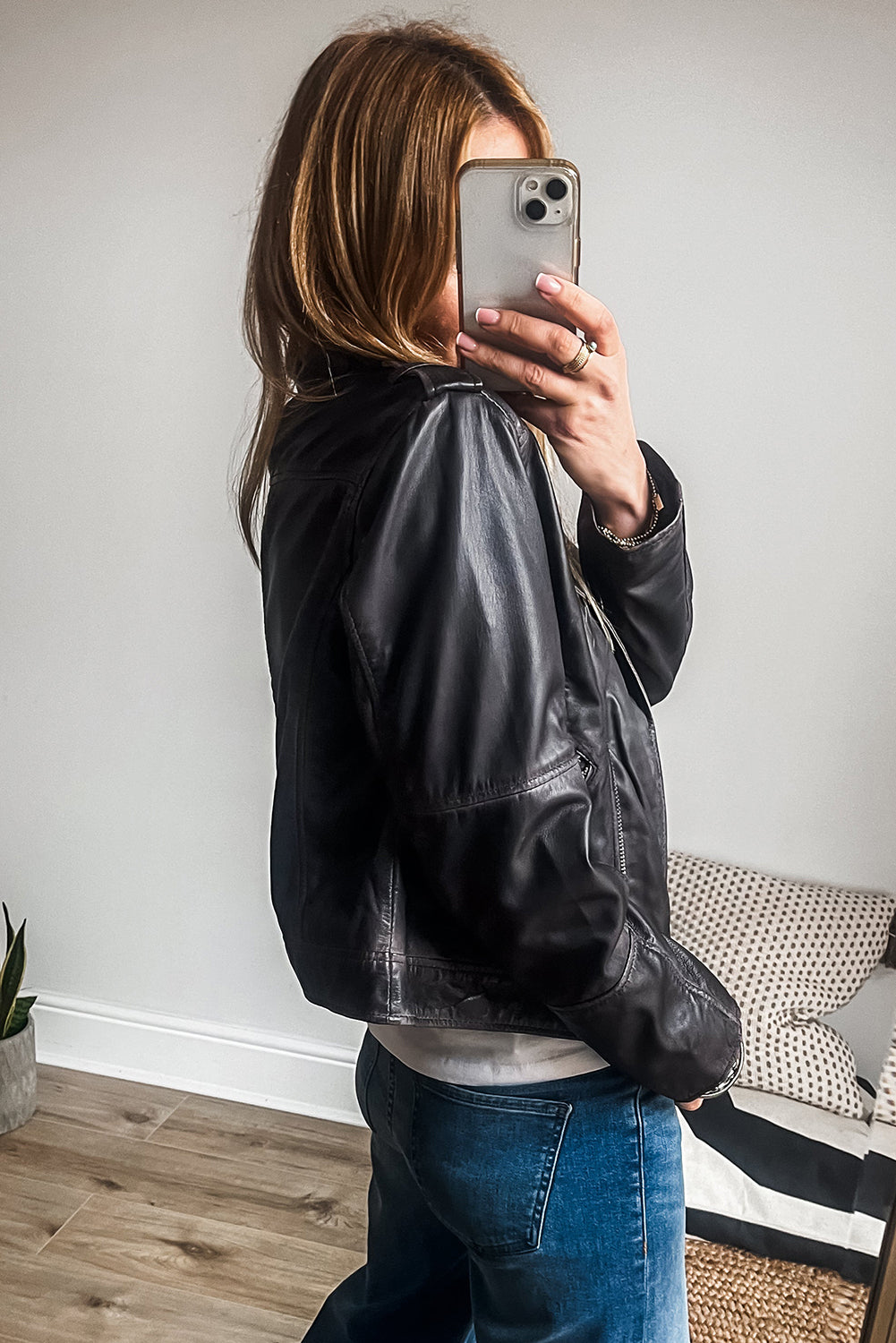 Chic black PU leather lapel collar motorcycle jacket