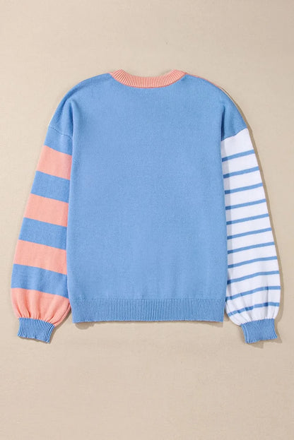 Contrast Striped Round Neck Long Sleeve Sweater