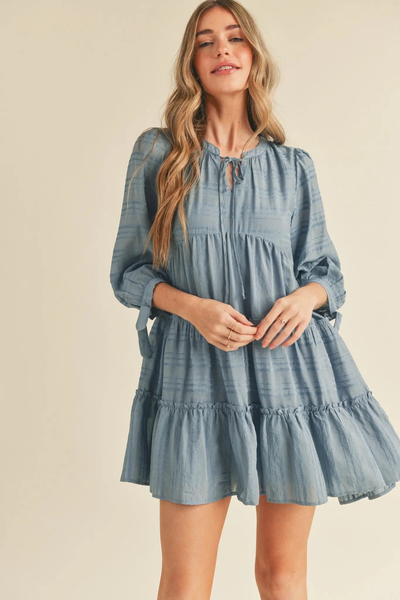 Dusty Denim Blue Tiered Long Sleeve Mini Dress PinkBlush