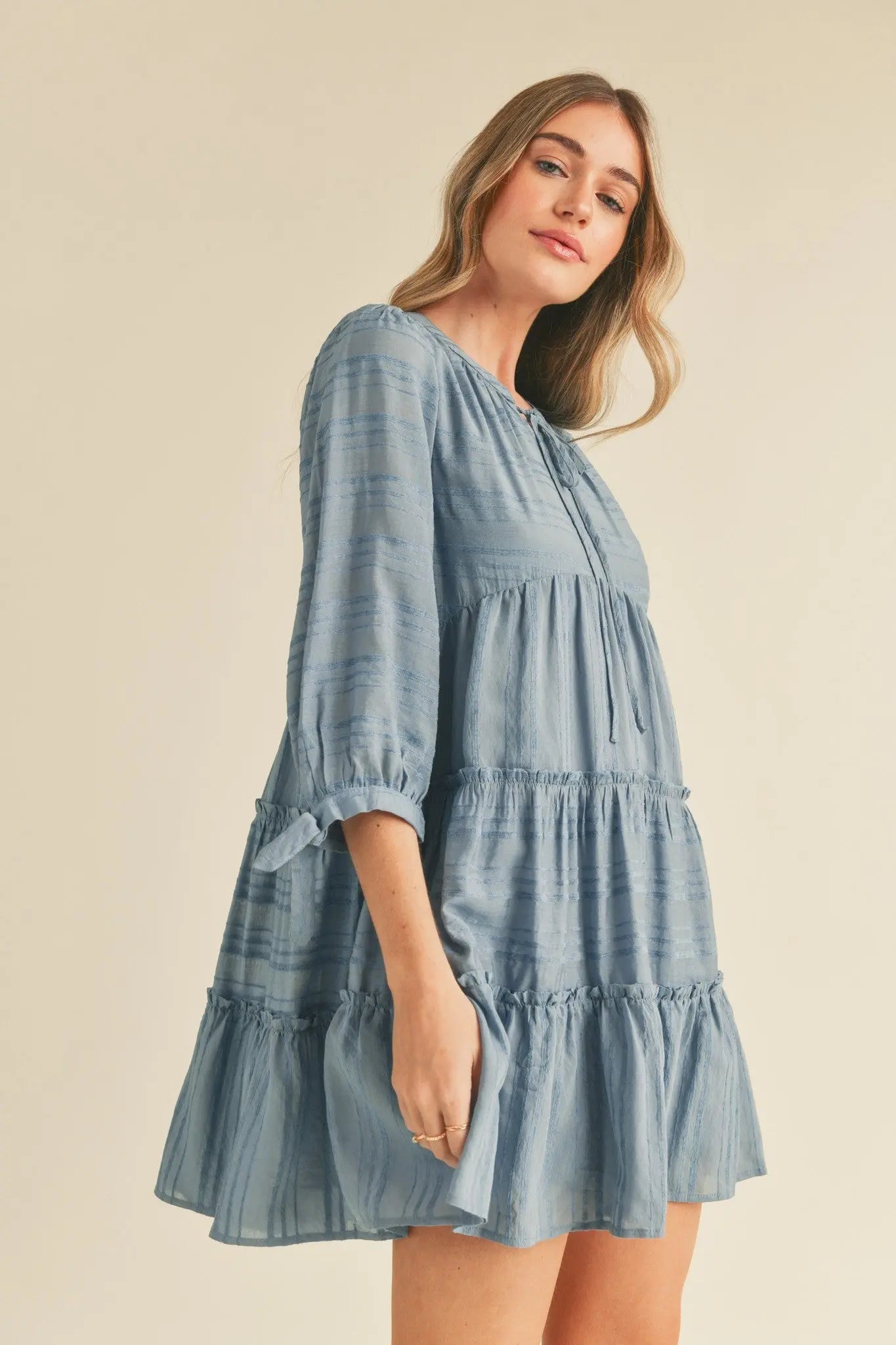 Dusty Denim Blue Tiered Long Sleeve Mini Dress PinkBlush