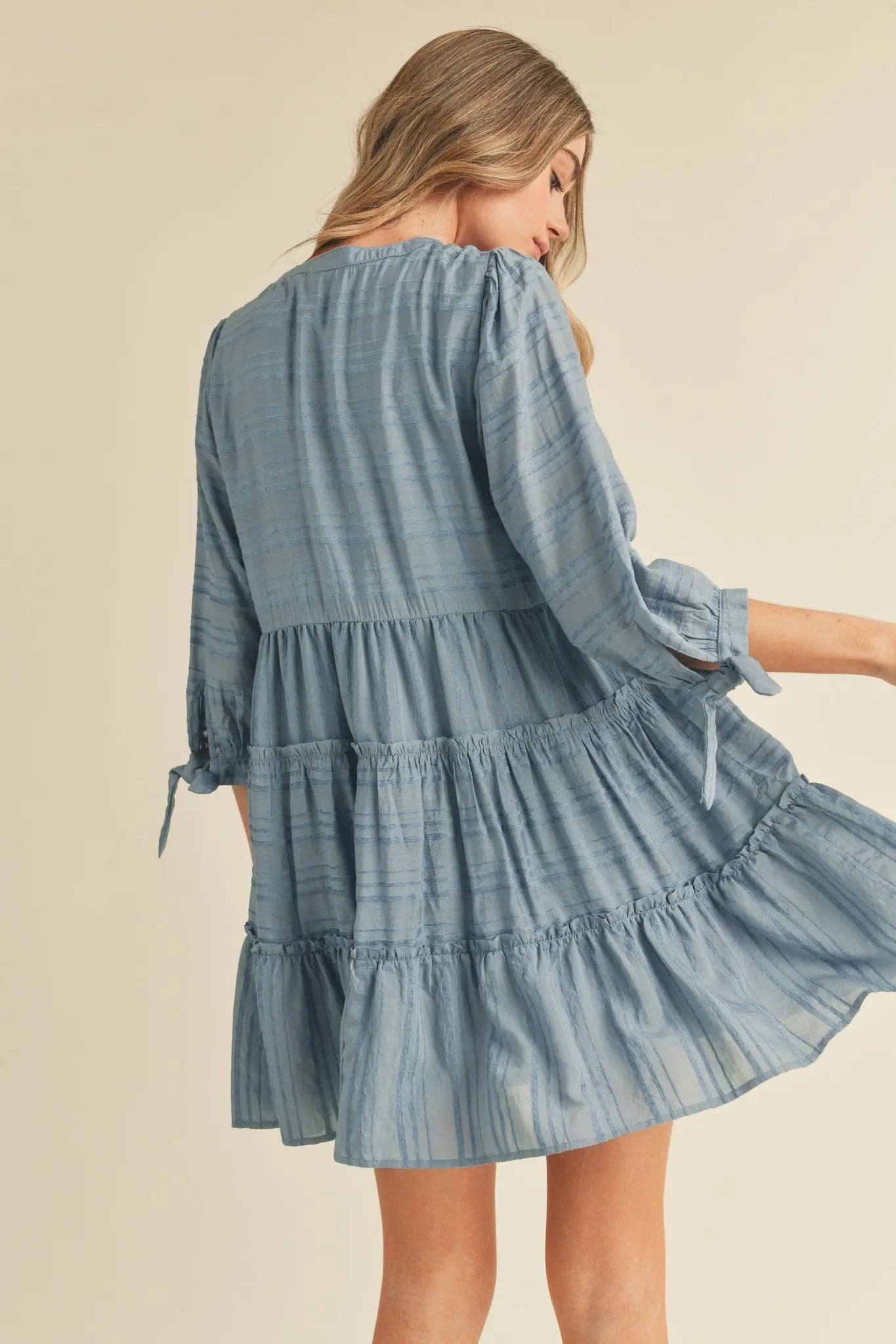 Dusty Denim Blue Tiered Long Sleeve Mini Dress PinkBlush
