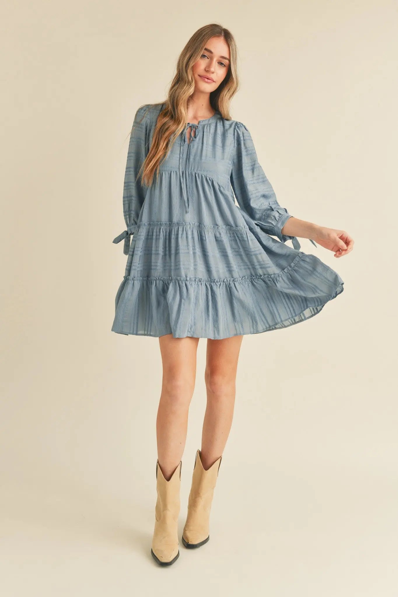 Dusty Denim Blue Tiered Long Sleeve Mini Dress PinkBlush