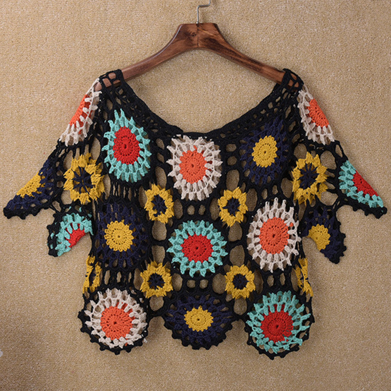 Handmade Crochet Hollow-out Floral Beach Blouse Sleeve Top Bella Mia