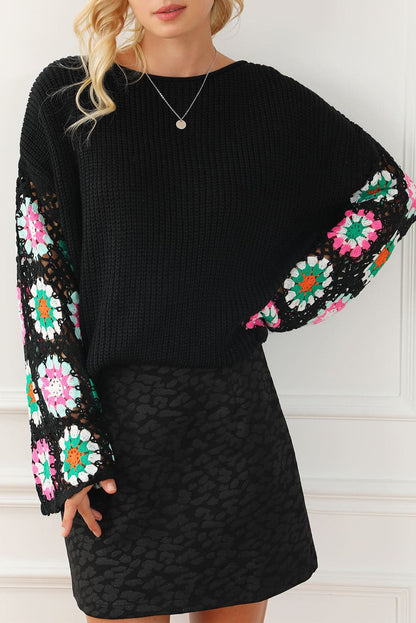 Crochet Round Neck Long Sleeve Knit Top.