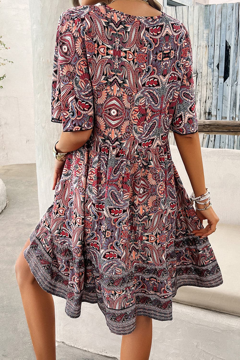 Printed V-Neck Half Sleeve Mini Dress.