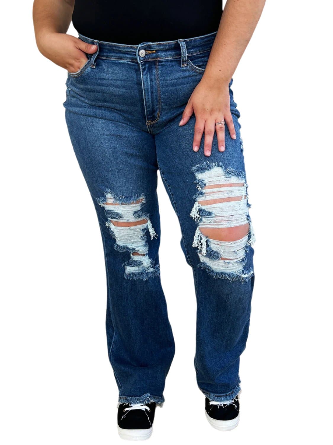 Judy Blue Full Size Mid Rise Distressed Raw Hem Jeans.