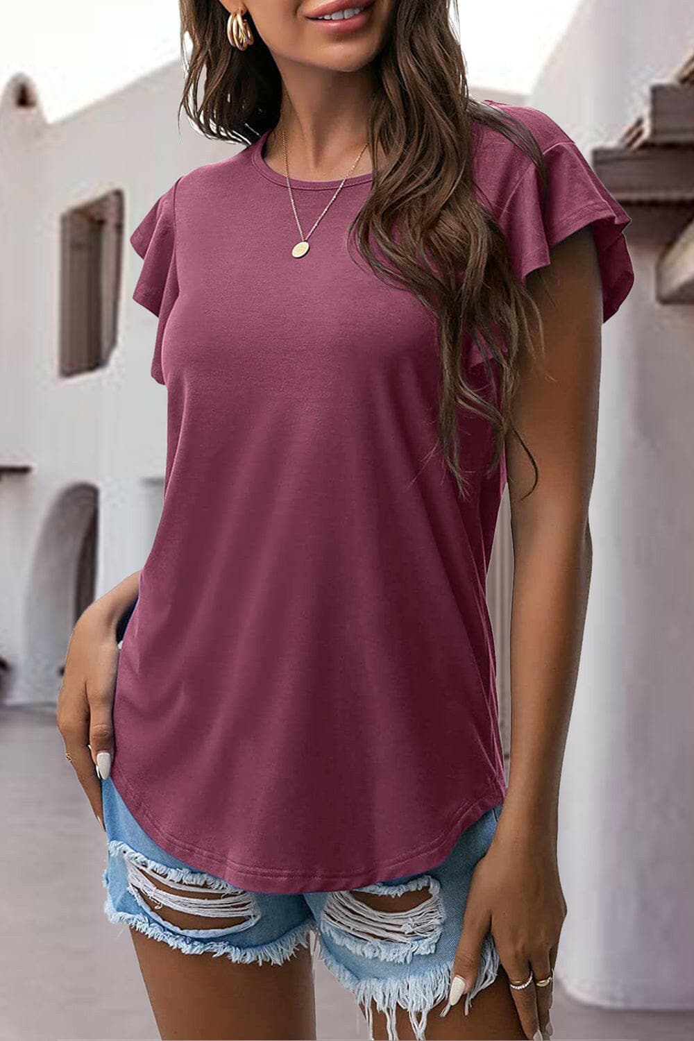 Ruffled Round Neck Cap Sleeve Blouse.