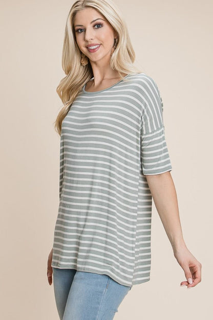 BOMBOM Striped Round Neck T-Shirt.