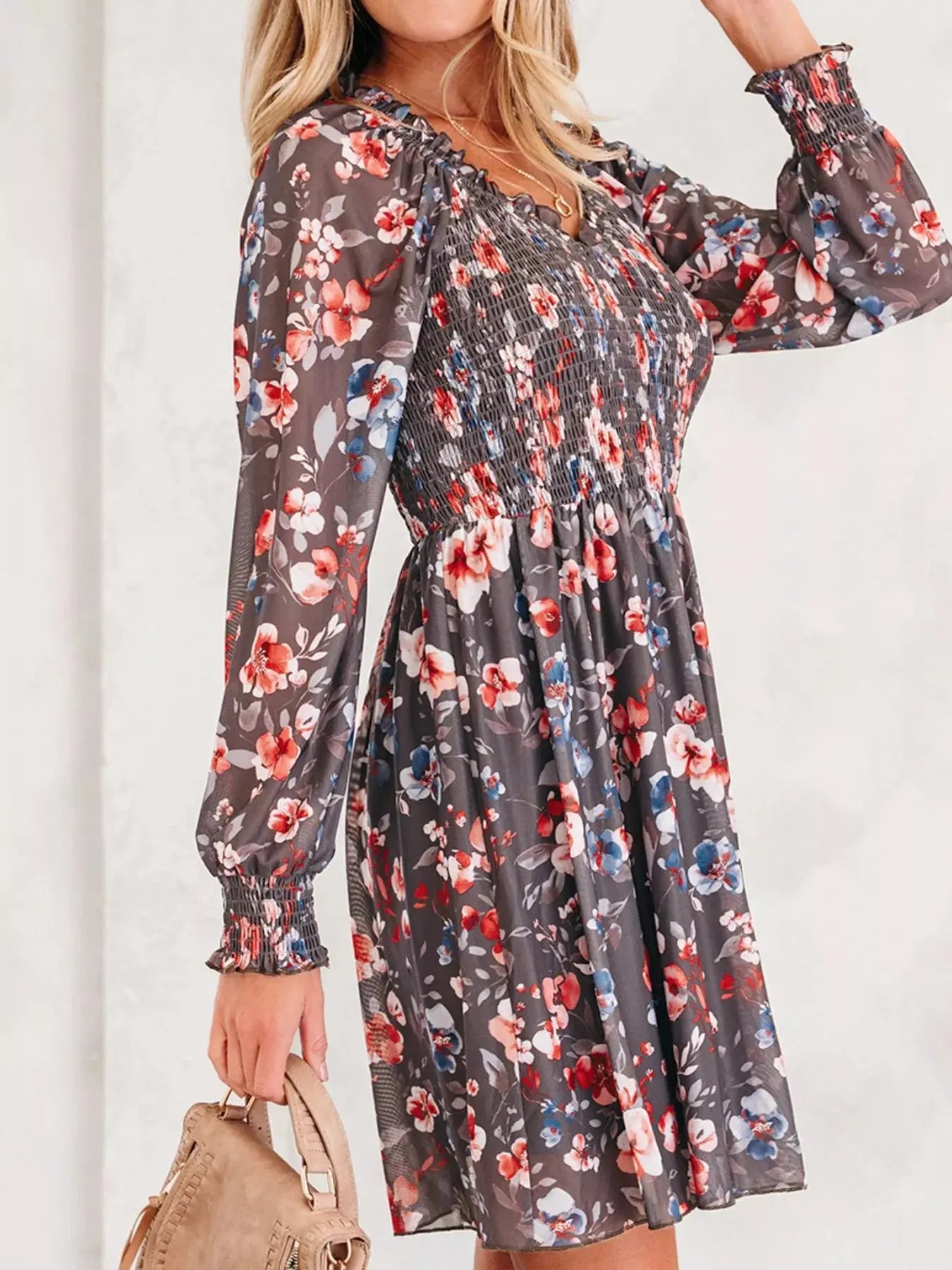 Frilly Smocked Bodice Floral Mesh Long Sleeve Mini Dress Simply Love