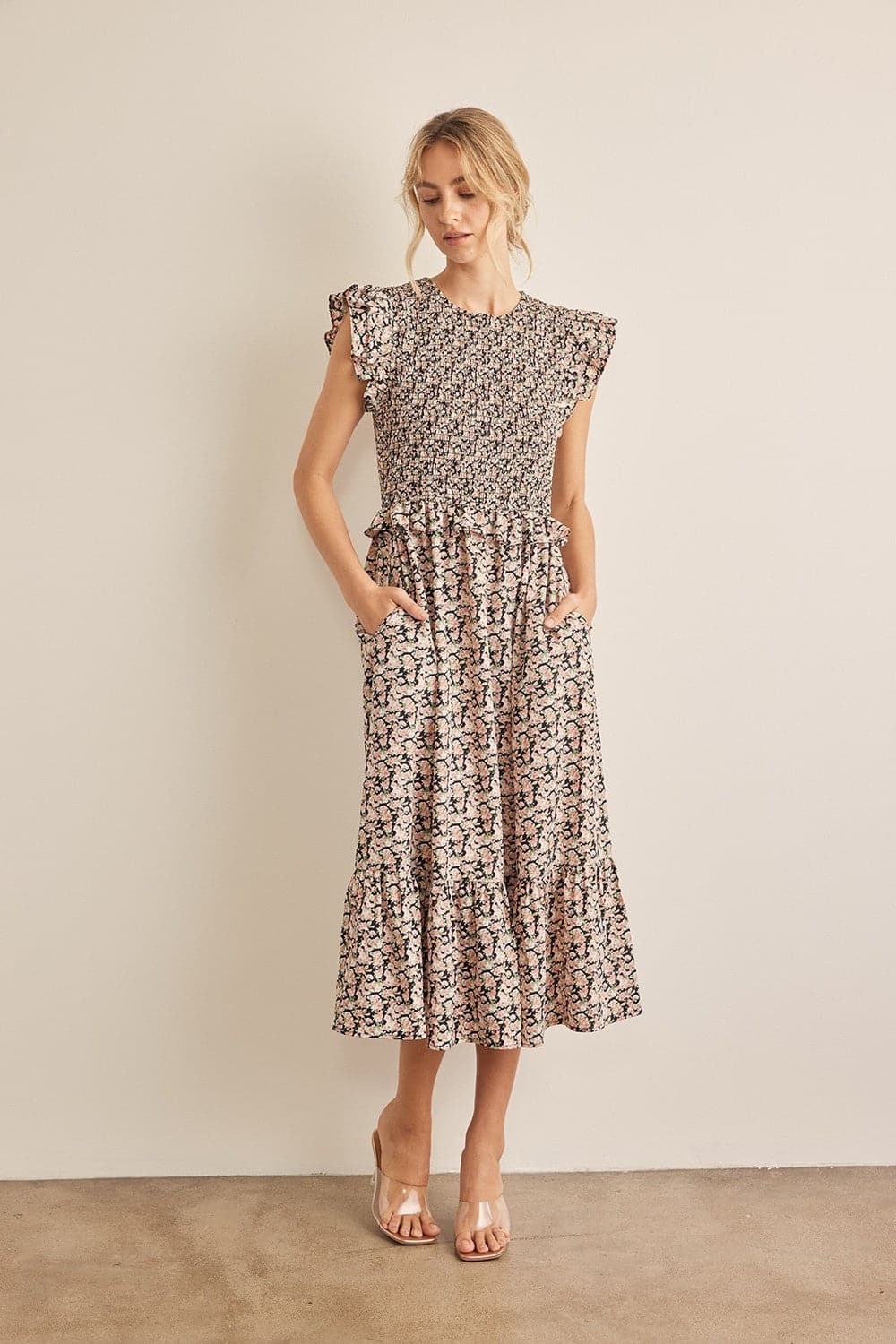 In February Floral Smocked Ruffled Midi Dress.