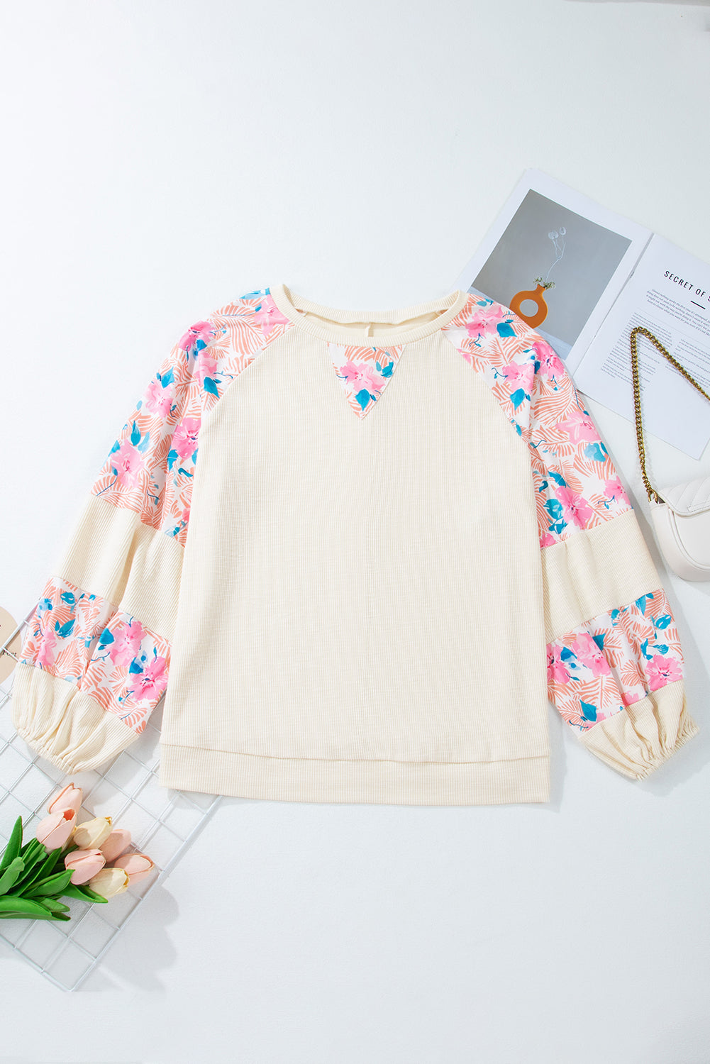 Chic apricot floral patchwork top with puff sleeves for plus sizes