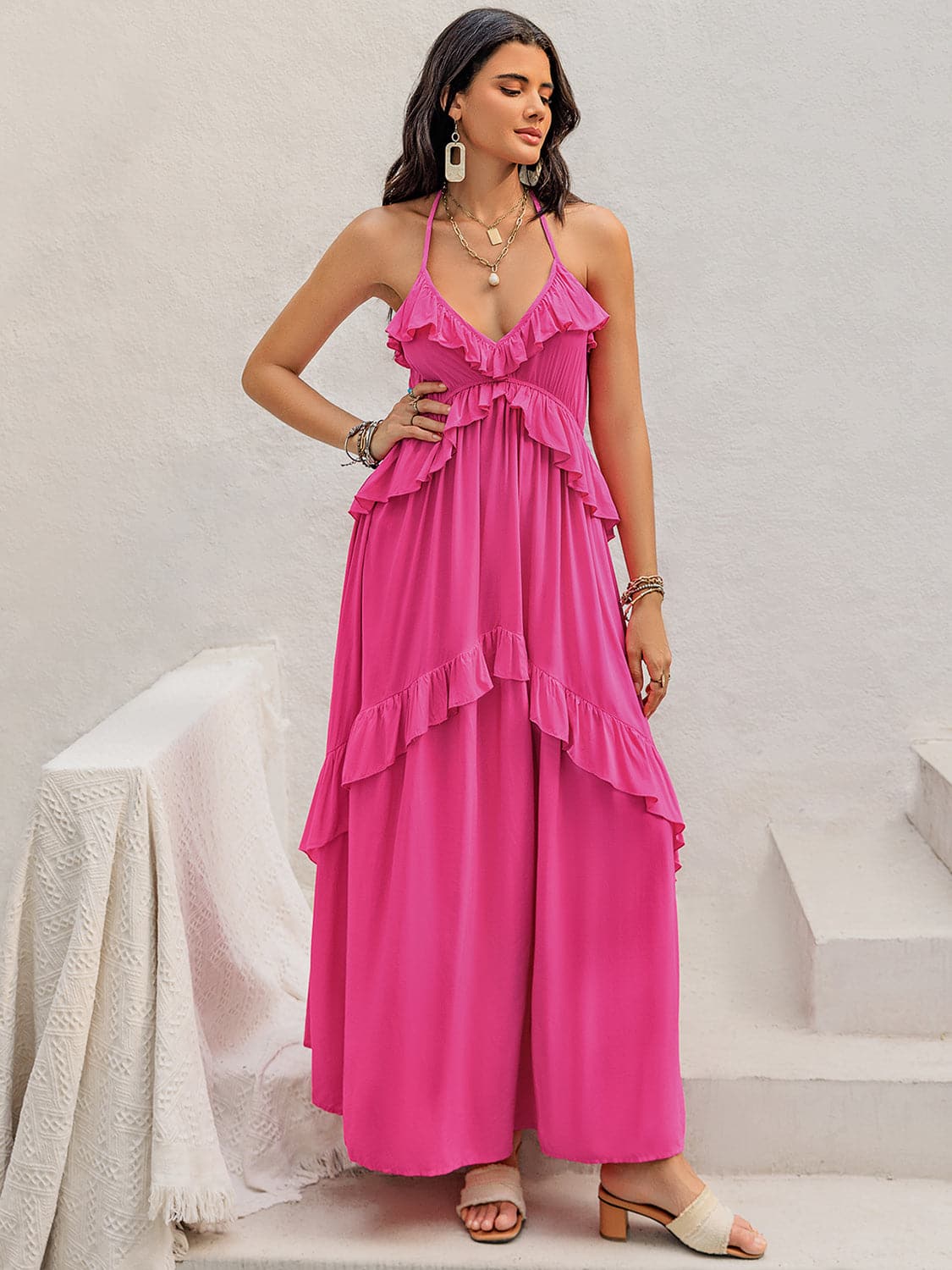 Ruffled Halter Neck Sleeveless Maxi Dress.