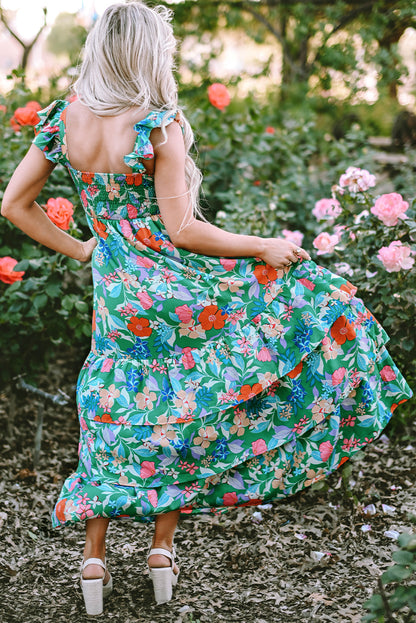 Green Floral Print Sleeveless Ruffle Tiered Maxi Dress Delight