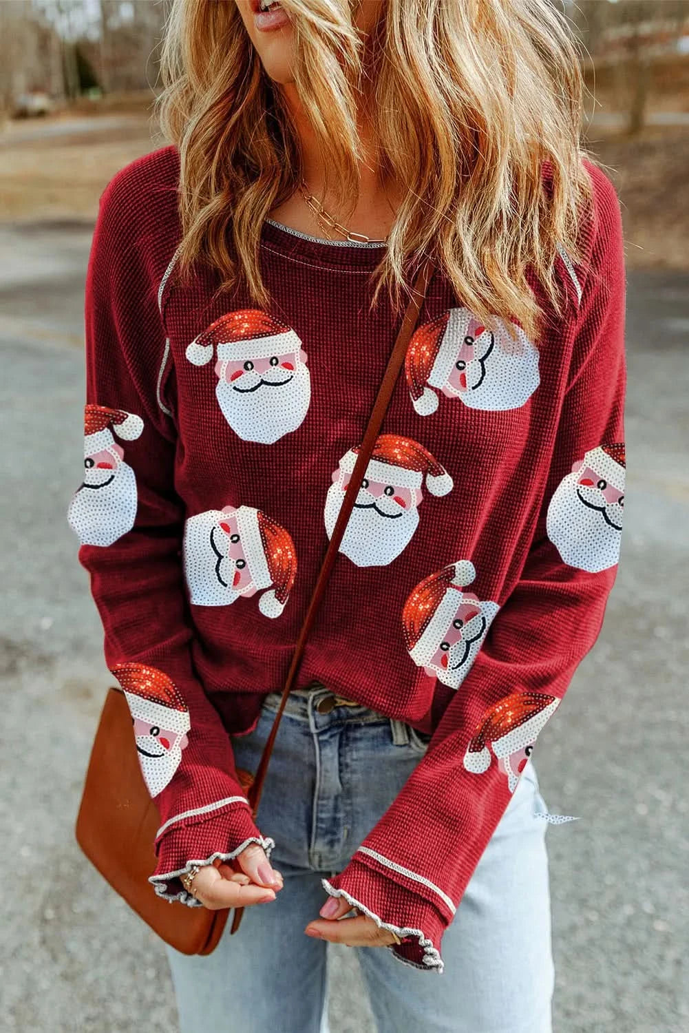 Glittering Sequin Santa Long Sleeve Blouse with Round Neck