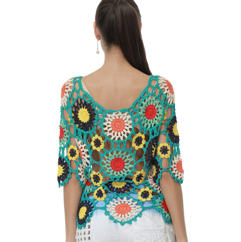 Handmade Crochet Hollow-out Floral Beach Blouse Sleeve Top Bella Mia