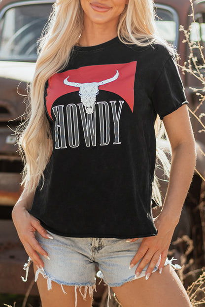Black Western HOWDY Steer Head Print Side Slits T Shirt