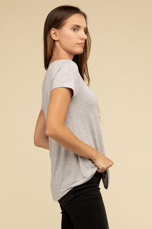 Flowy Round Hem Rayon Short Sleeve Top.