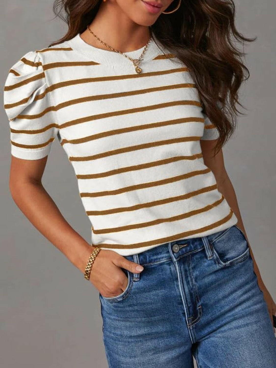 Striped Round Neck Puff Sleeve Knit Top.