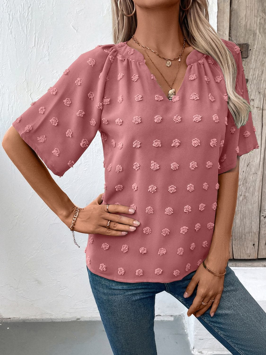 Swiss Dot Notched Half Sleeve Blouse.