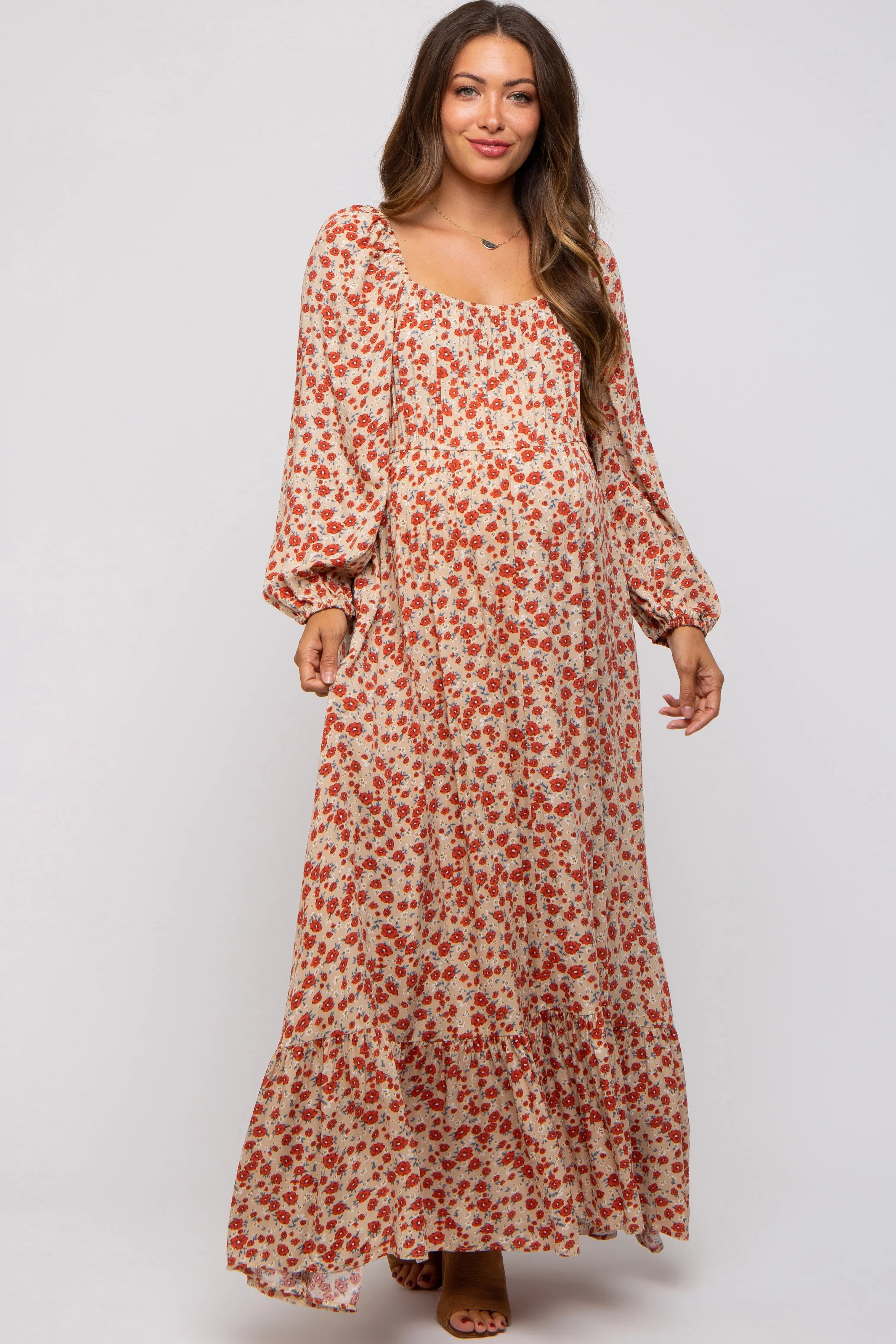 Beige Floral Square Neck Ruffle Maternity Maxi Dress PinkBlush