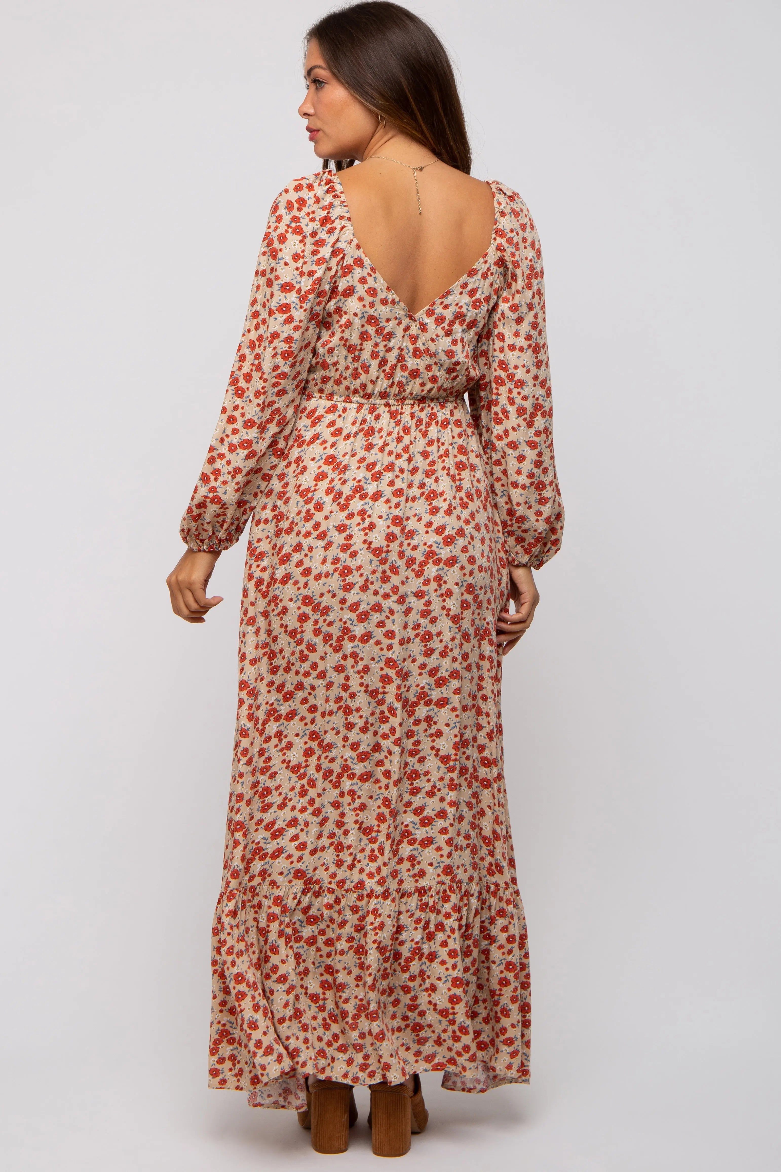 Beige Floral Square Neck Ruffle Maternity Maxi Dress PinkBlush