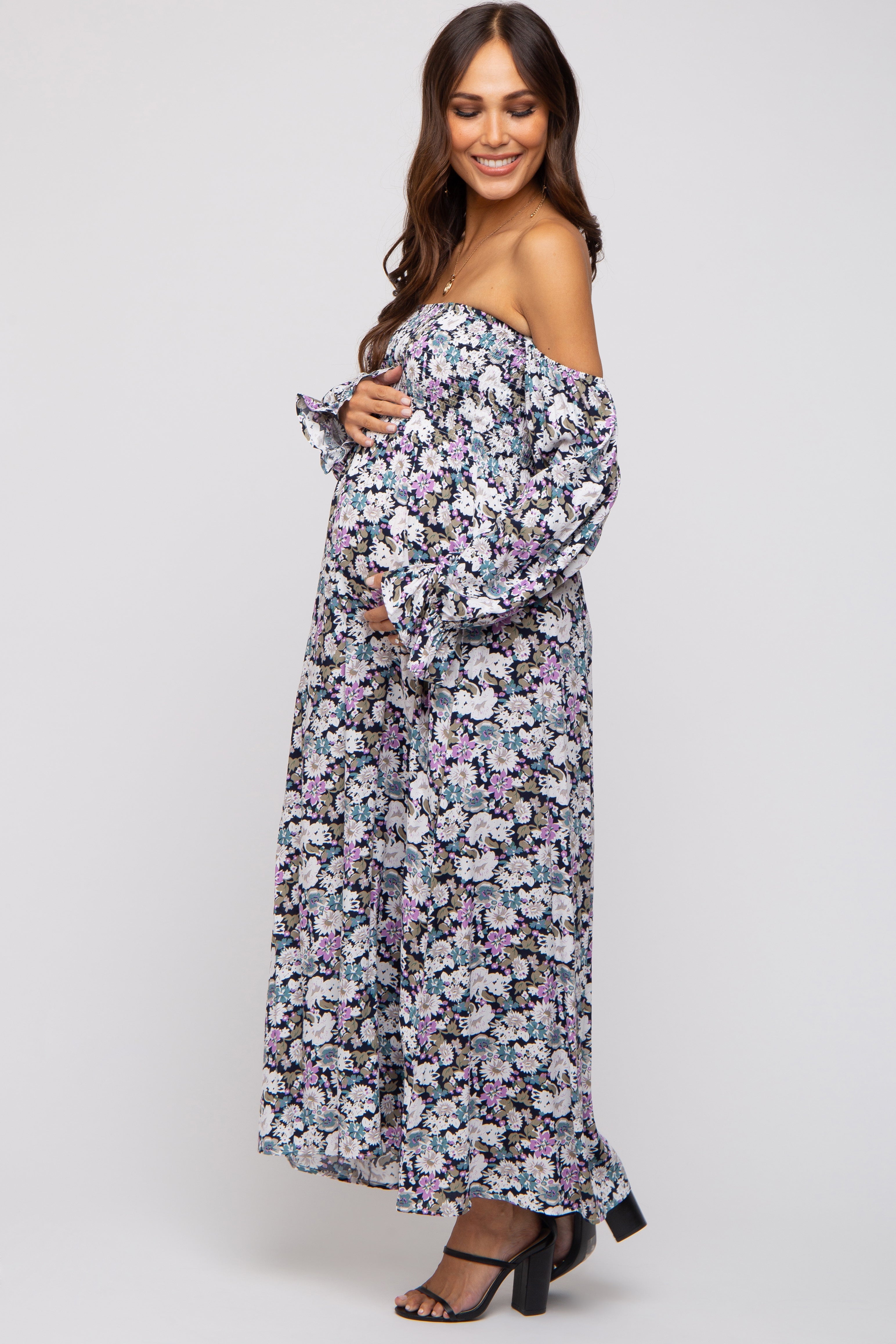 Black Floral Print Off Shoulder Smocked Maternity Maxi Dress PinkBlush