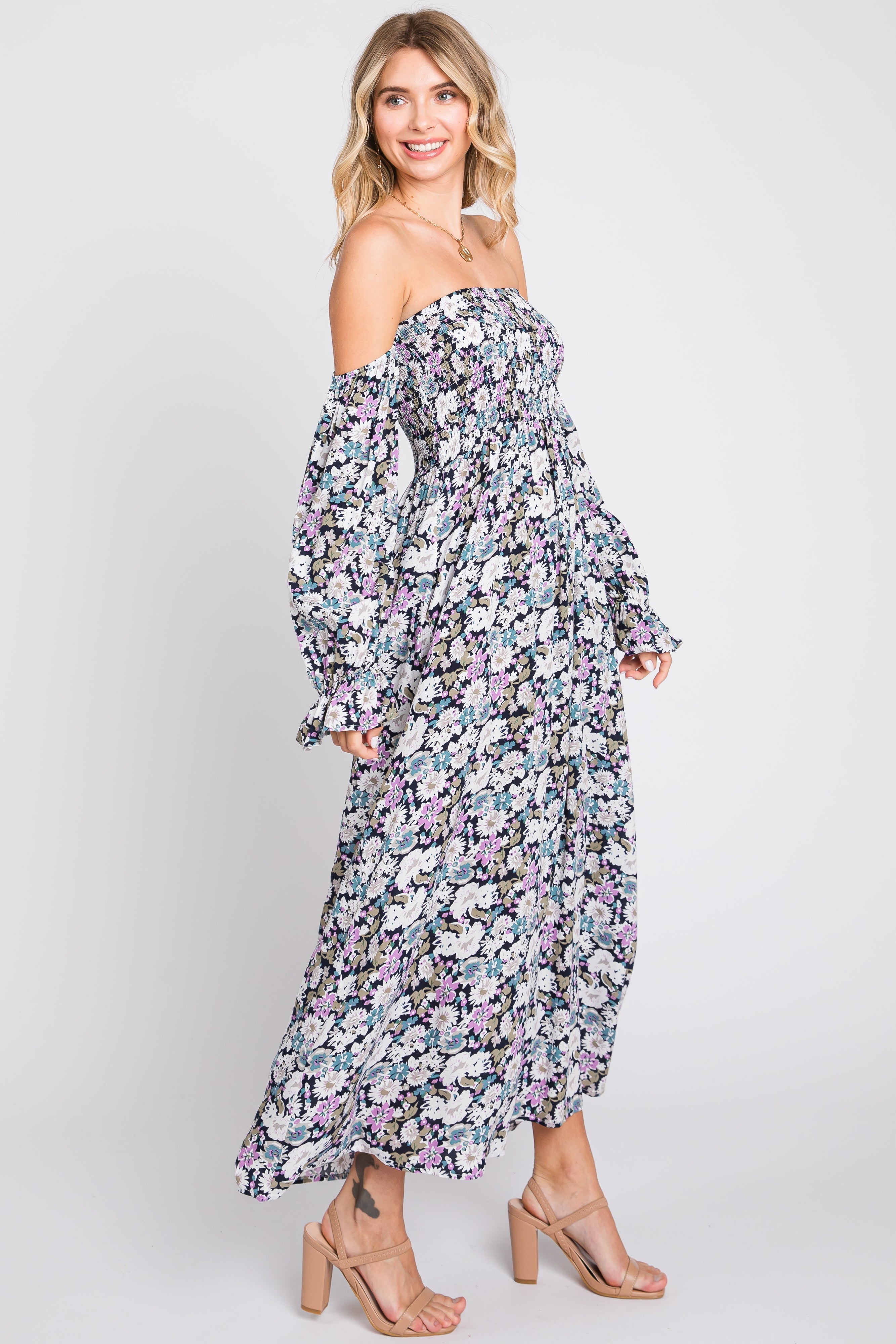 Black Floral Print Off Shoulder Smocked Maxi Dress PinkBlush