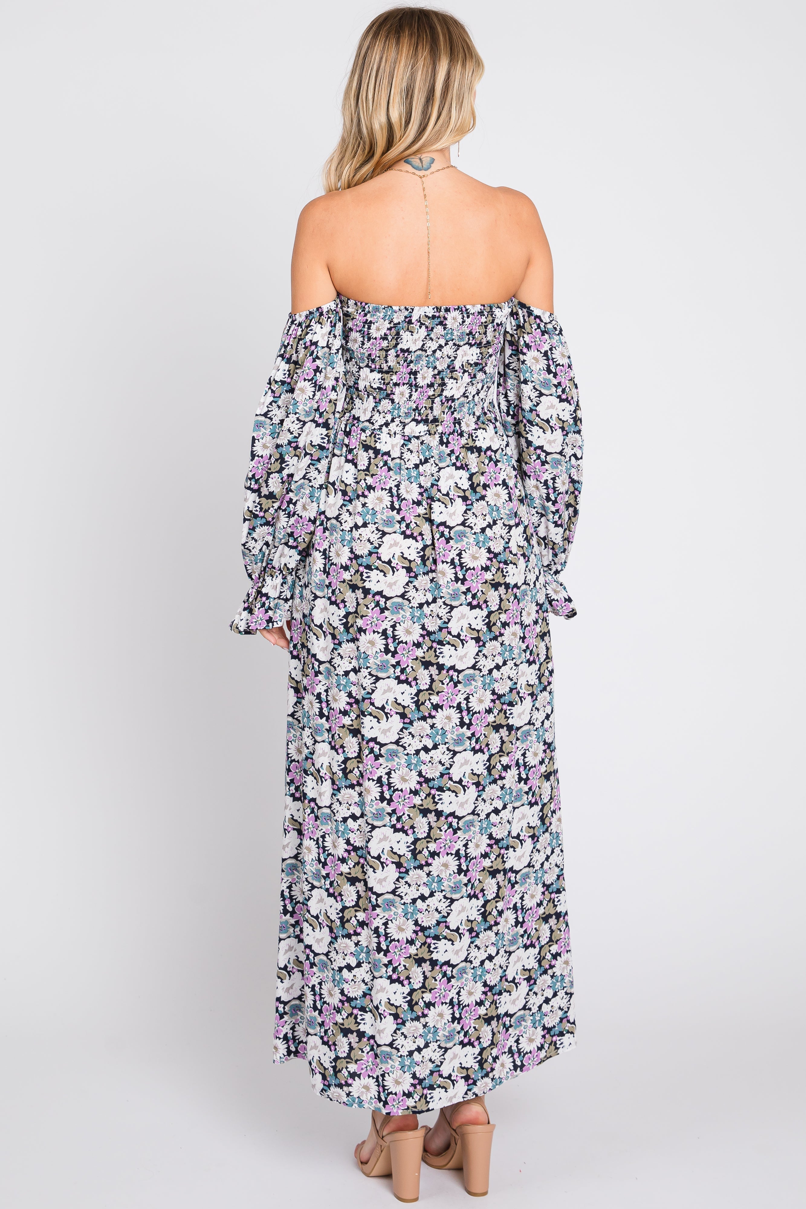 Black Floral Print Off Shoulder Smocked Maxi Dress PinkBlush