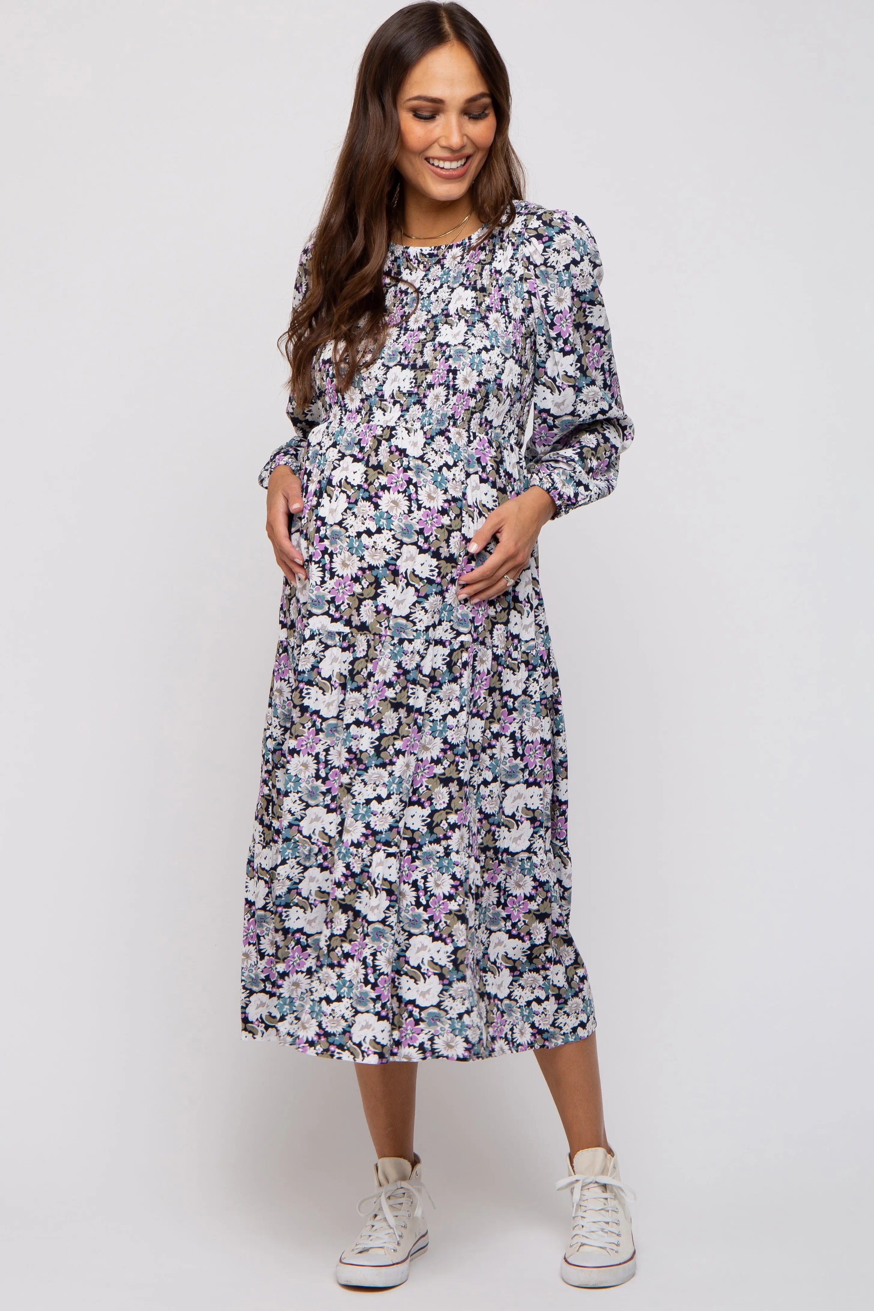 Black Floral Smocked Tiered Maternity Midi Dress PinkBlush