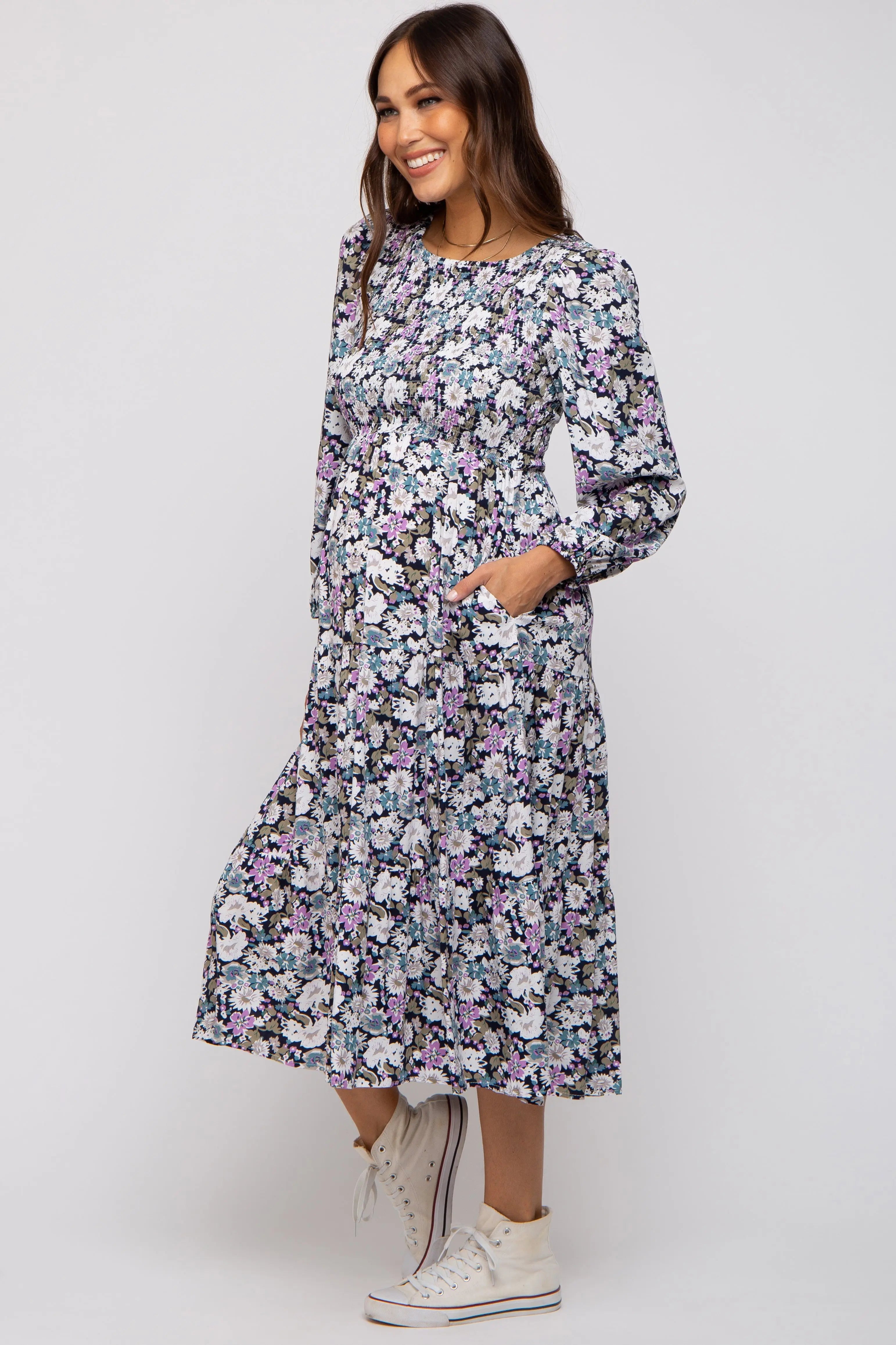 Black Floral Smocked Tiered Maternity Midi Dress PinkBlush