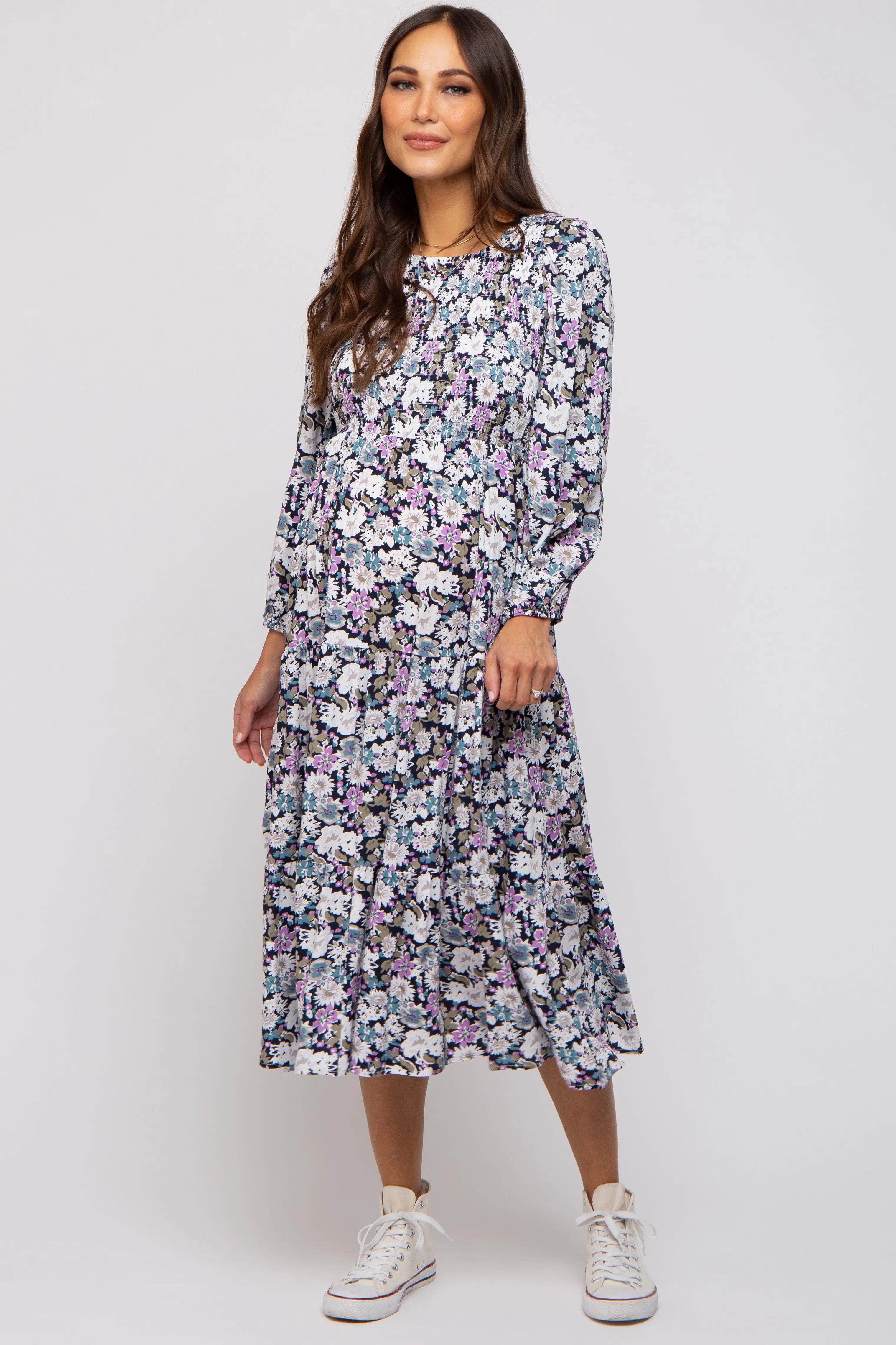 Black Floral Smocked Tiered Maternity Midi Dress PinkBlush