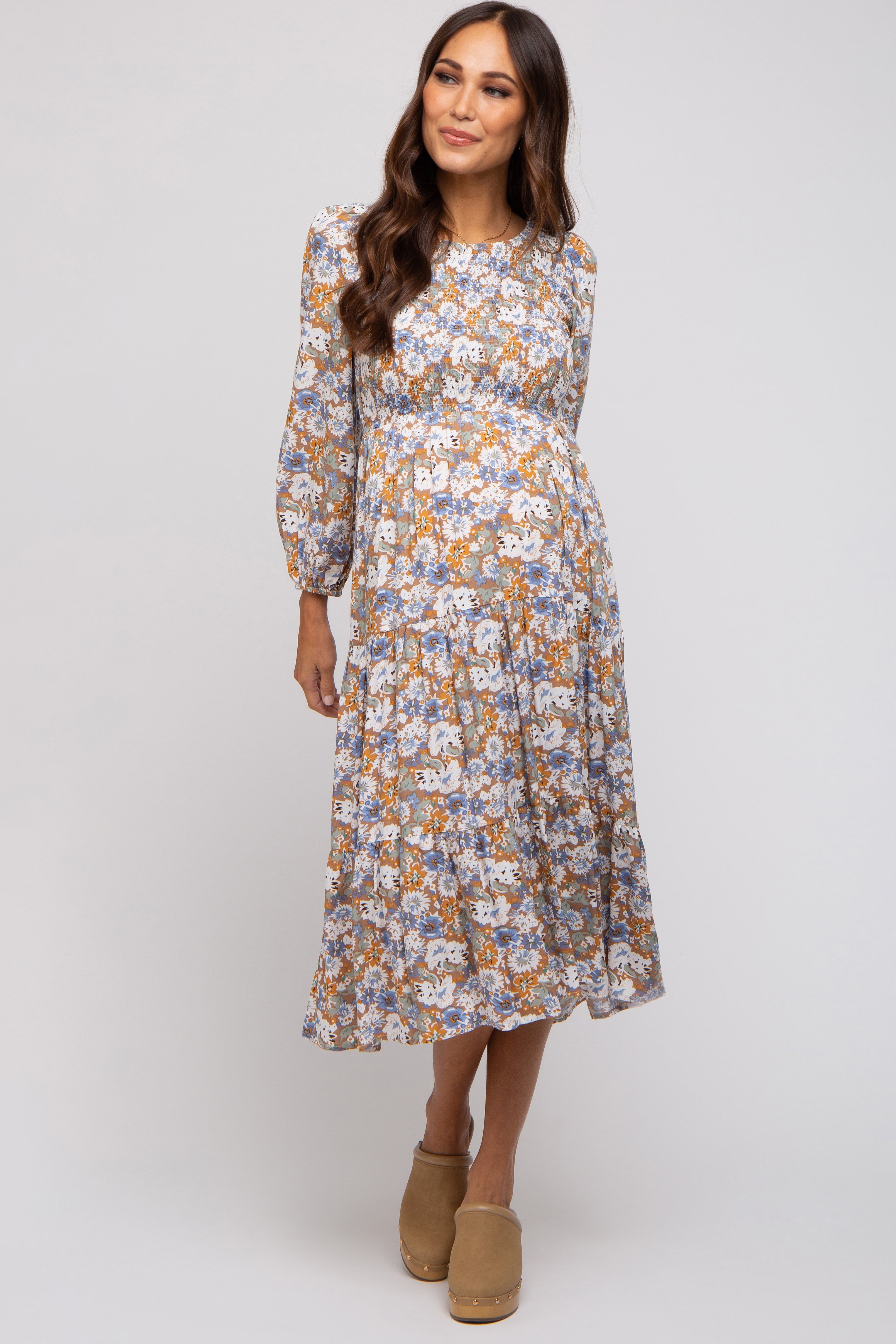 PinkBlush taupe floral smocked tiered maternity midi dress front view
