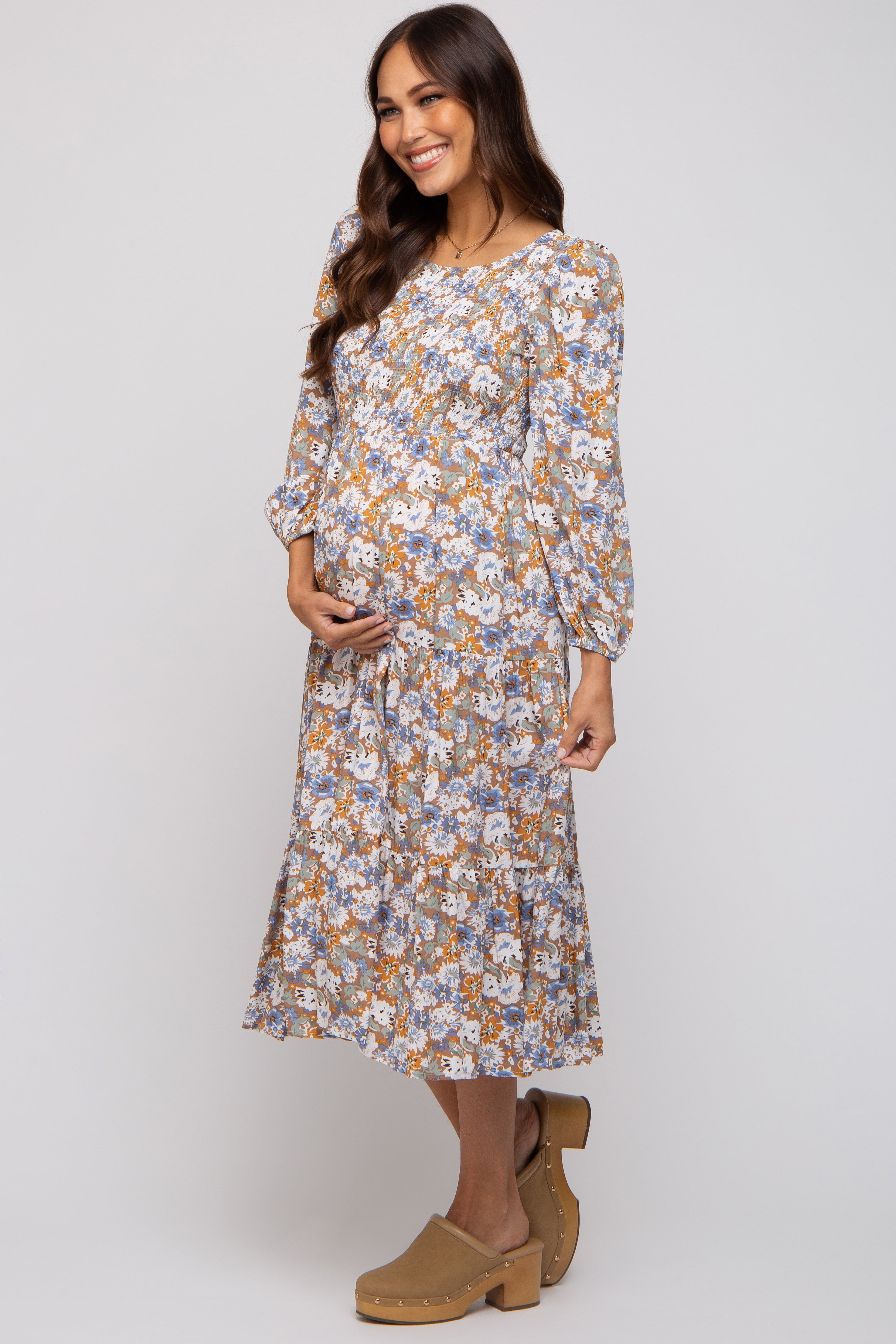 PinkBlush maternity dress smocked bodice and tiered skirt detail