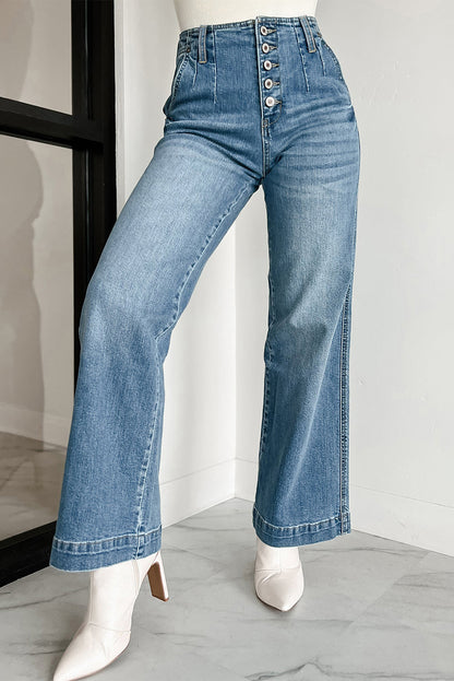 Dusk blue high-waisted loose leg jeans with unique button details