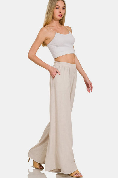 Zenana Pleated Linen Blend Wide Leg Pants.