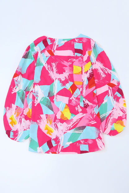 Vibrant pink plus size graffiti print blouse with split neck and puff sleeves