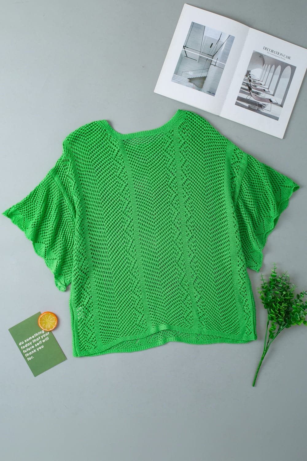 Openwork Round Neck Half Sleeve Knit Top.