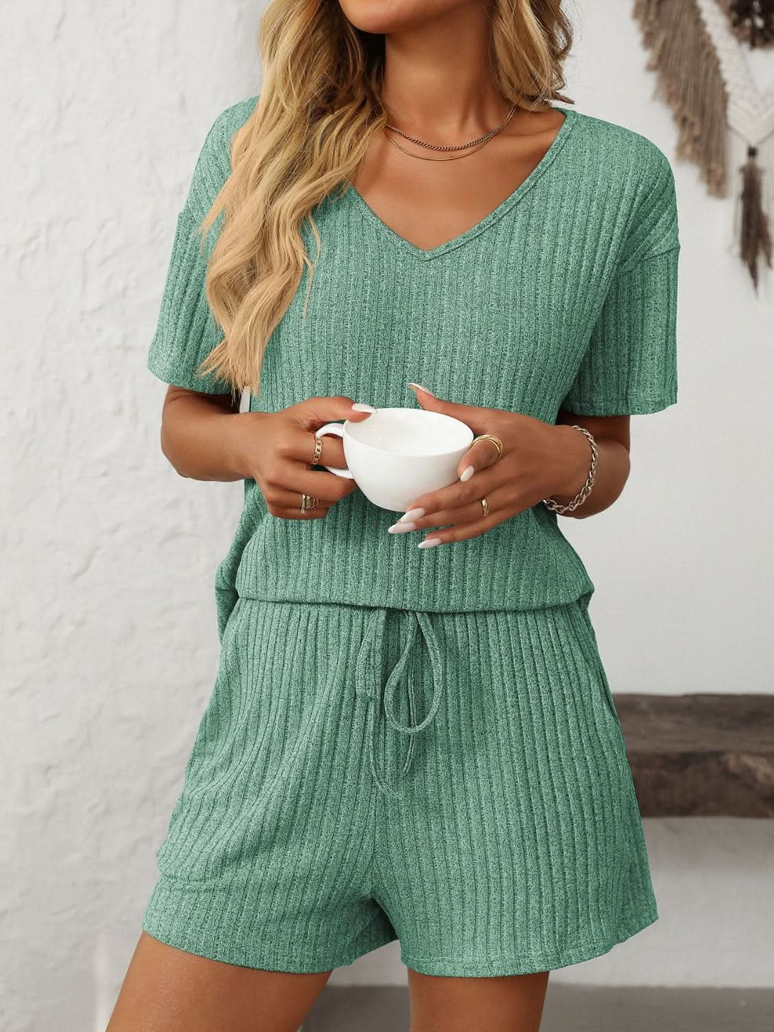 Mandy Casual V-Neck Two-Piece Lounge Set with Drawstring Shorts