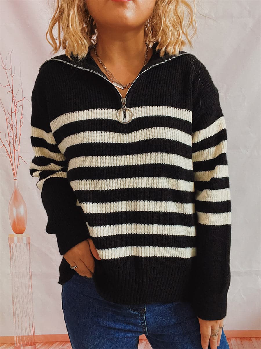 Striped Half Zip Collared Sweater.