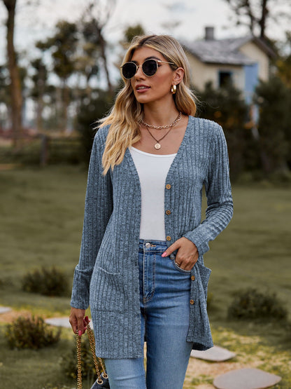 Ribbed Button-Up Cardigan with Pockets.